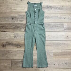 Etica Ivy Crop Kick Flare Jumpsuit Sage Green Button Front Raw Hem Ethical